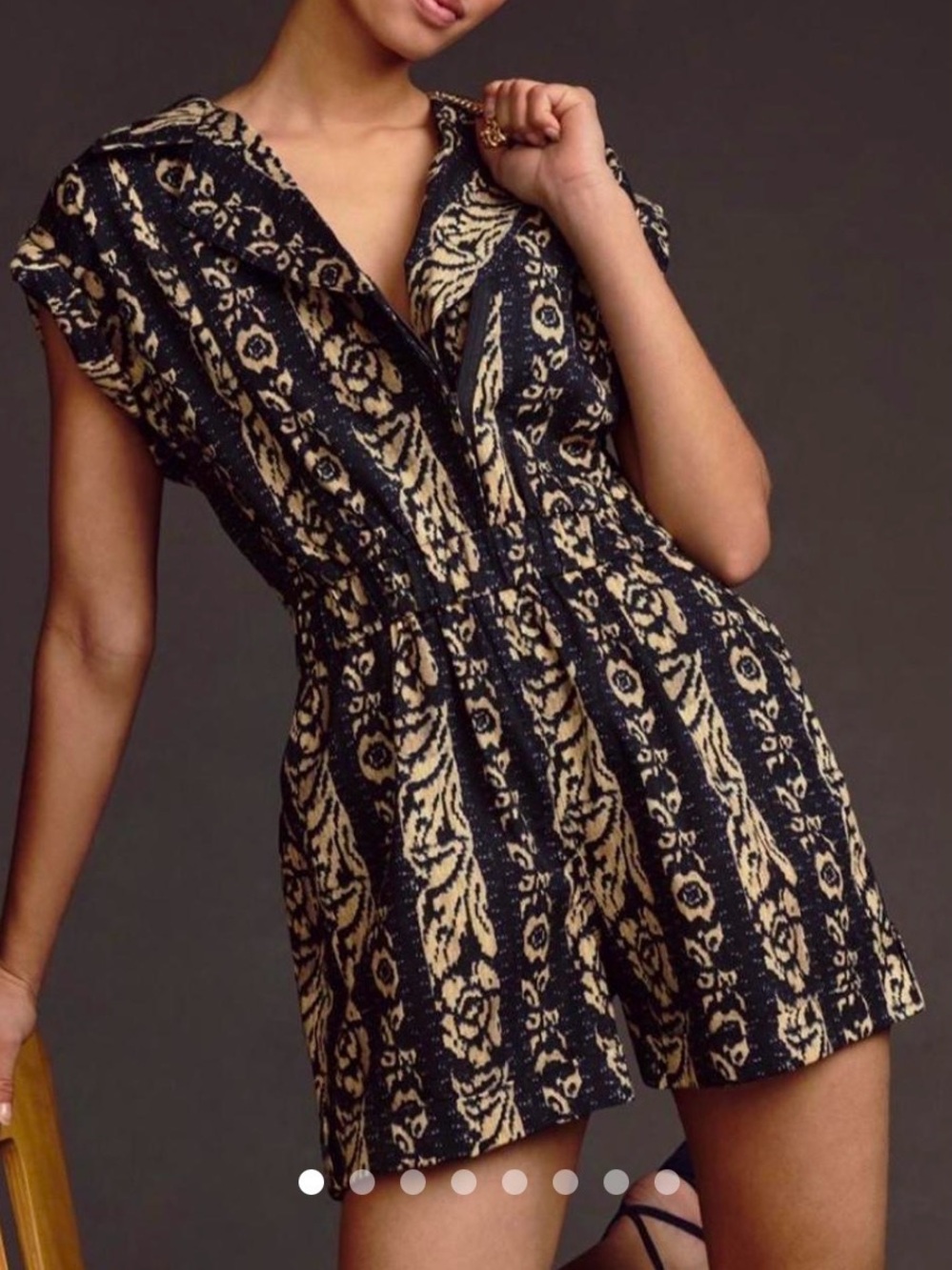 TINY by Anthropologie Black and Cream Patterned shorts romper // zips closed //L